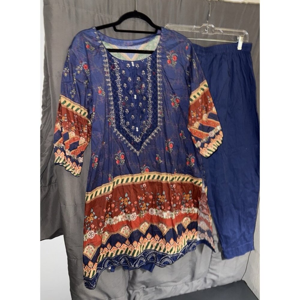 Women's Gold Embroidered Cotton Kurta Tunic Top  Pants Set 3/4 Sleeves Pearls